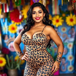 A 20-year-old Salvadoran woman dressed in a striking leopard print outfit, confidently showcasing her large bust and well-defined figure