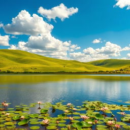 A smooth and polished photo showcasing a serene landscape with rolling green hills under a bright blue sky filled with fluffy white clouds