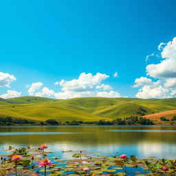 A smooth and polished photo showcasing a serene landscape with rolling green hills under a bright blue sky filled with fluffy white clouds