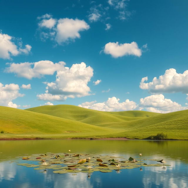 A smooth and polished photo showcasing a serene landscape with rolling green hills under a bright blue sky filled with fluffy white clouds