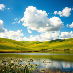 A smooth and polished photo showcasing a serene landscape with rolling green hills under a bright blue sky filled with fluffy white clouds