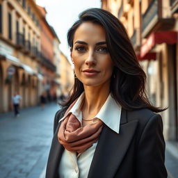 A 40-year-old woman with dark hair and striking Italian features, fully dressed in elegant attire that reflects her sophisticated taste