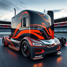 A custom-cutting-edge semi-truck featuring stunning McLaren Racing rims and wheels