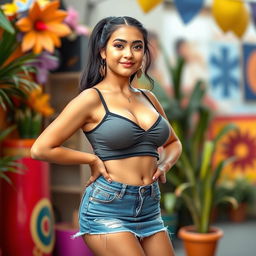 A 20-year-old Salvadoran woman dressed in a trendy short top with a deep neckline and a denim mini skirt, accentuating her large bust and attractive figure