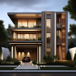 Generate an image of an elegantly designed, modern three-story building on a 60ft x 30ft plot. The building should have a garage on the right side with a staircase inside.