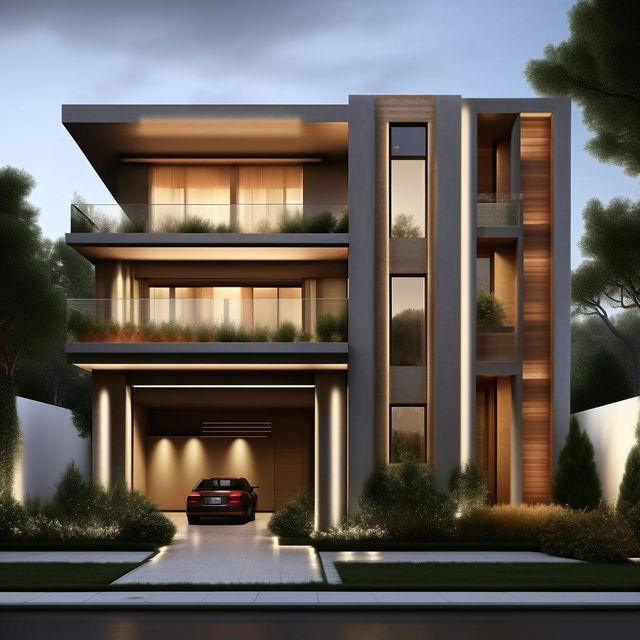 Generate an image of an elegantly designed, modern three-story building on a 60ft x 30ft plot. The building should have a garage on the right side with a staircase inside.