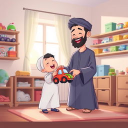 A charming illustration of a Muslim father dressed in traditional shalwar qameez, joyfully presenting a colorful toy car to his smiling child