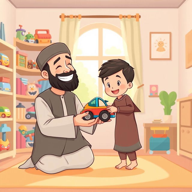 A charming illustration of a Muslim father dressed in traditional shalwar qameez, joyfully presenting a colorful toy car to his smiling child