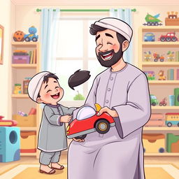A charming illustration of a Muslim father dressed in traditional shalwar qameez, joyfully presenting a colorful toy car to his smiling child