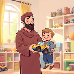 A charming illustration of a Muslim father dressed in traditional shalwar qameez, joyfully presenting a colorful toy car to his smiling child