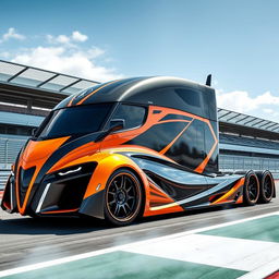 A custom semi-truck designed with cutting-edge features, showcasing McLaren P1 racing rims and wheels