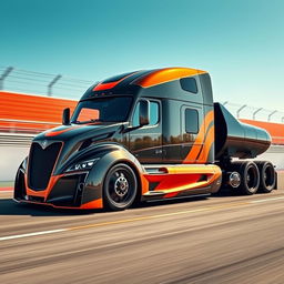 A custom semi-truck designed with cutting-edge features, showcasing McLaren P1 racing rims and wheels