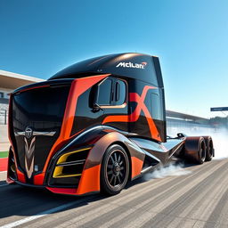 A custom semi-truck designed with cutting-edge features, showcasing McLaren P1 racing rims and wheels