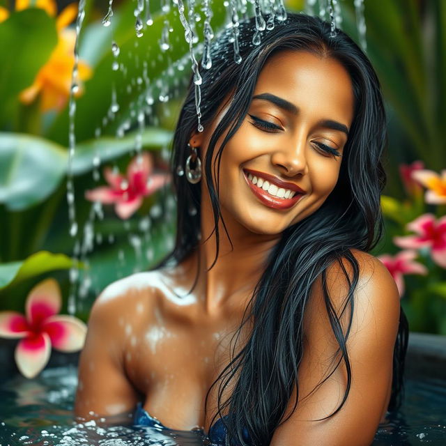 A beautiful Indian woman enjoying a serene moment while taking a bath under a gentle waterfall shower