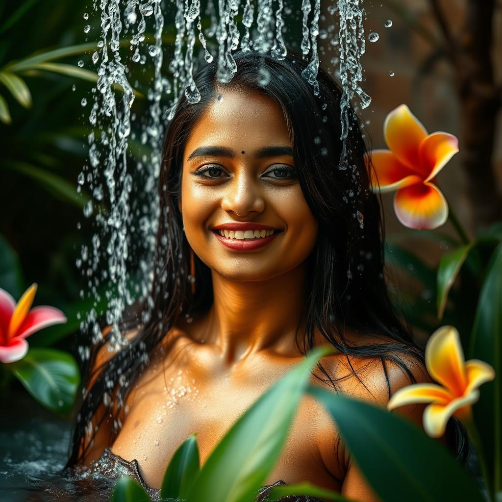 A beautiful Indian woman enjoying a serene moment while taking a bath under a gentle waterfall shower