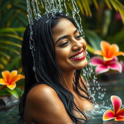 A beautiful Indian woman enjoying a serene moment while taking a bath under a gentle waterfall shower