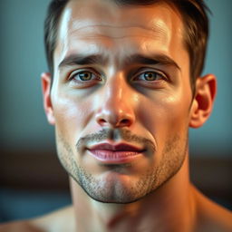 A portrait of a handsome man with clear skin and a small neat beard, looking confidently at the camera