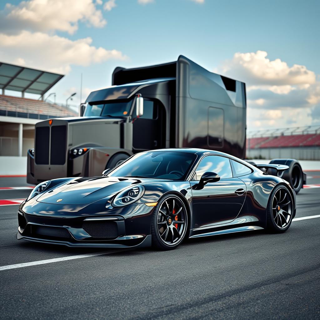 A sleek, modern Porsche 911 with high-performance racing rims, showcasing its sporty design against a backdrop of a custom cutting-edge semi-truck