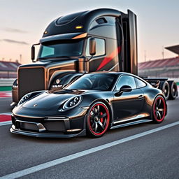 A sleek, modern Porsche 911 with high-performance racing rims, showcasing its sporty design against a backdrop of a custom cutting-edge semi-truck
