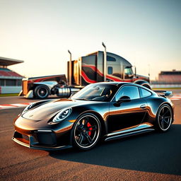 A sleek, modern Porsche 911 with high-performance racing rims, showcasing its sporty design against a backdrop of a custom cutting-edge semi-truck