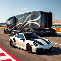 A sleek, modern Porsche 911 with high-performance racing rims, showcasing its sporty design against a backdrop of a custom cutting-edge semi-truck