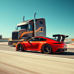 A captivating image featuring a Porsche 911 equipped with stunning racing rims, showcasing its sleek, aerodynamic profile and vibrant color against the backdrop of a custom cutting-edge semi-truck