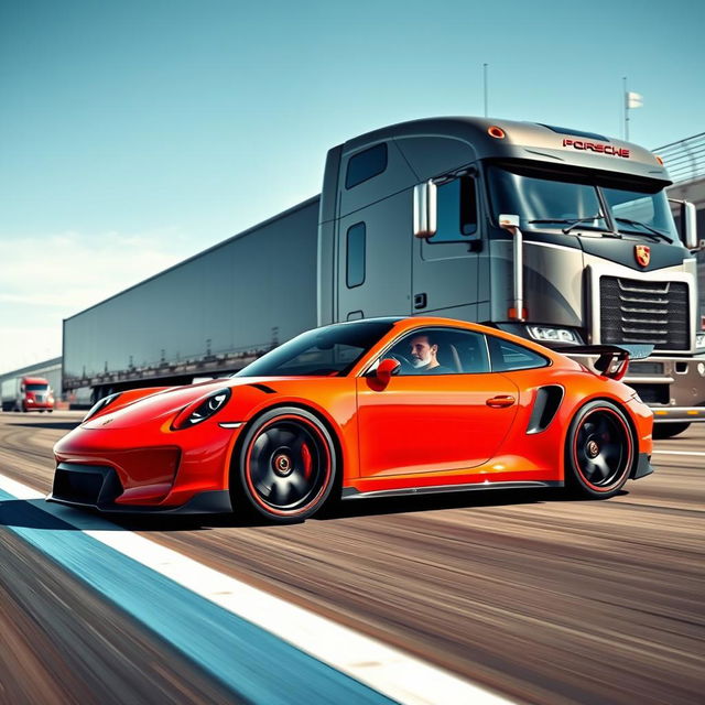 A captivating image featuring a Porsche 911 equipped with stunning racing rims, showcasing its sleek, aerodynamic profile and vibrant color against the backdrop of a custom cutting-edge semi-truck