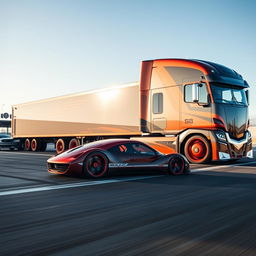 A captivating image featuring a Porsche 911 equipped with stunning racing rims, showcasing its sleek, aerodynamic profile and vibrant color against the backdrop of a custom cutting-edge semi-truck