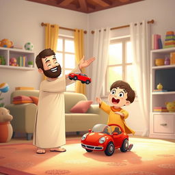 A cheerful living room scene depicting a Muslim father wearing a shalwar qameez, joyfully holding out a bright red toy car to his excited young child, who is also dressed in traditional Muslim attire