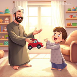 A cheerful living room scene depicting a Muslim father wearing a shalwar qameez, joyfully holding out a bright red toy car to his excited young child, who is also dressed in traditional Muslim attire