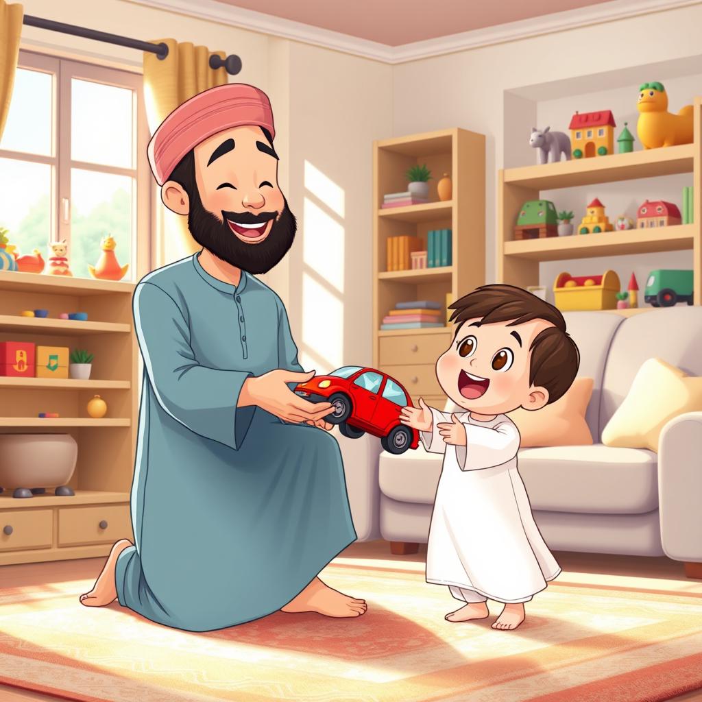 A cheerful living room scene depicting a Muslim father wearing a shalwar qameez, joyfully holding out a bright red toy car to his excited young child, who is also dressed in traditional Muslim attire