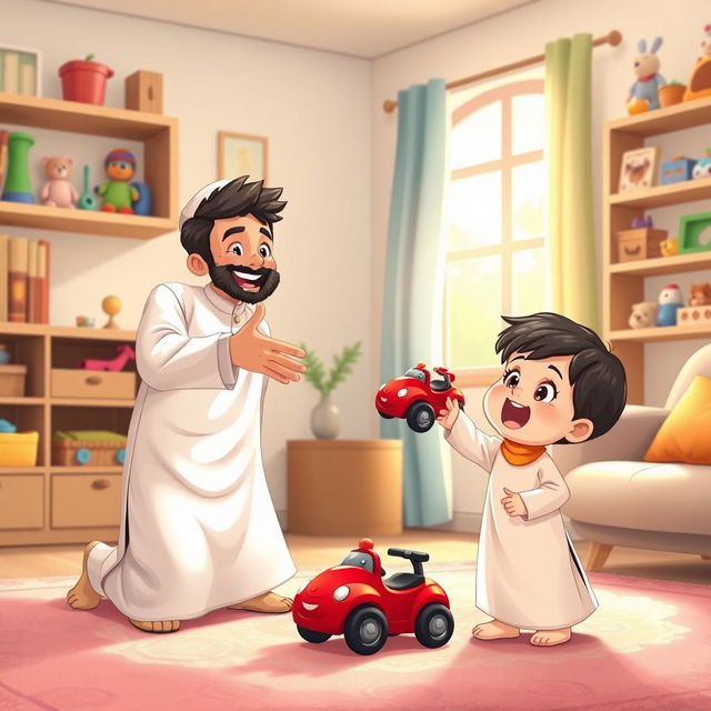 A cheerful living room scene depicting a Muslim father wearing a shalwar qameez, joyfully holding out a bright red toy car to his excited young child, who is also dressed in traditional Muslim attire