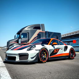 An eye-catching display featuring a Porsche with distinctive racing rims, positioned prominently against a backdrop of a custom cutting-edge semi-truck