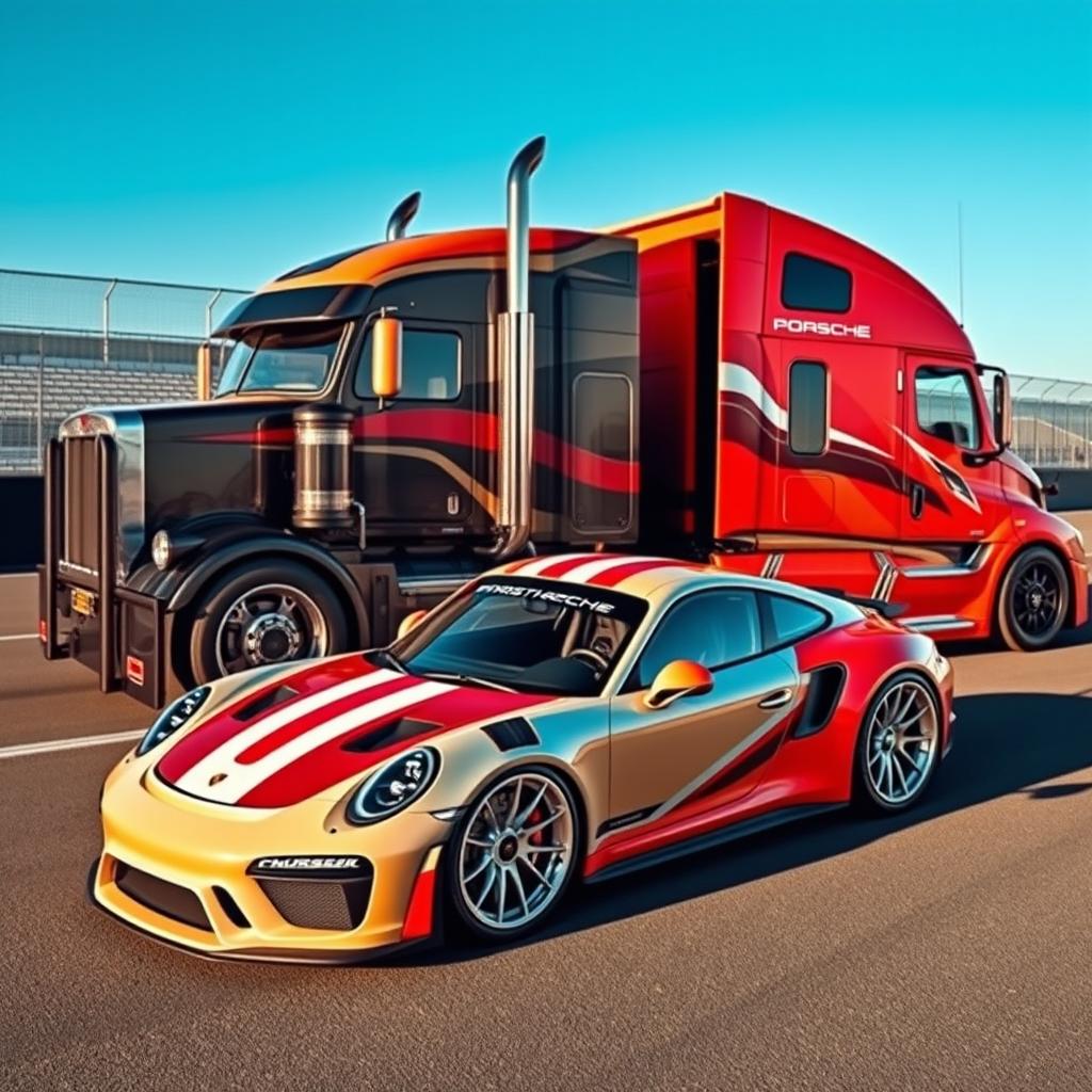 An eye-catching display featuring a Porsche with distinctive racing rims, positioned prominently against a backdrop of a custom cutting-edge semi-truck