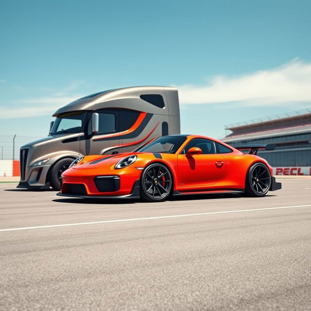 An eye-catching display featuring a Porsche with distinctive racing rims, positioned prominently against a backdrop of a custom cutting-edge semi-truck