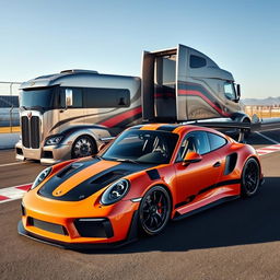 An eye-catching display featuring a Porsche with distinctive racing rims, positioned prominently against a backdrop of a custom cutting-edge semi-truck