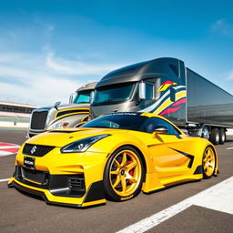 A striking image of a Suzuki sports car featuring eye-catching racing rims, creatively positioned against a backdrop of a custom cutting-edge semi-truck