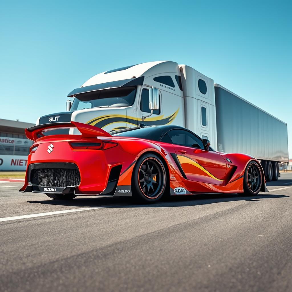 A striking image of a Suzuki sports car featuring eye-catching racing rims, creatively positioned against a backdrop of a custom cutting-edge semi-truck