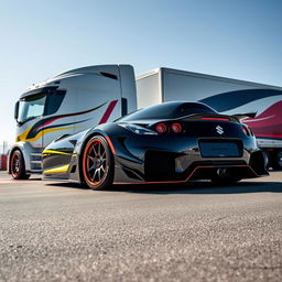 A striking image of a Suzuki sports car featuring eye-catching racing rims, creatively positioned against a backdrop of a custom cutting-edge semi-truck
