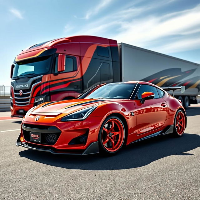 A striking image of a Suzuki sports car featuring eye-catching racing rims, creatively positioned against a backdrop of a custom cutting-edge semi-truck