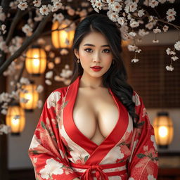 A beautiful 25-year-old Japanese woman wearing a traditional Japanese kimono with a deep neckline, featuring very large breasts
