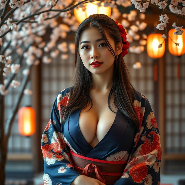 A beautiful 25-year-old Japanese woman wearing a traditional Japanese kimono with a deep neckline, featuring very large breasts