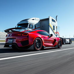 A dynamic image of a Suzuki sports car featuring striking racing rims, showcased against a custom cutting-edge semi-truck