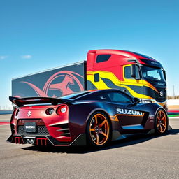 A dynamic image of a Suzuki sports car featuring striking racing rims, showcased against a custom cutting-edge semi-truck