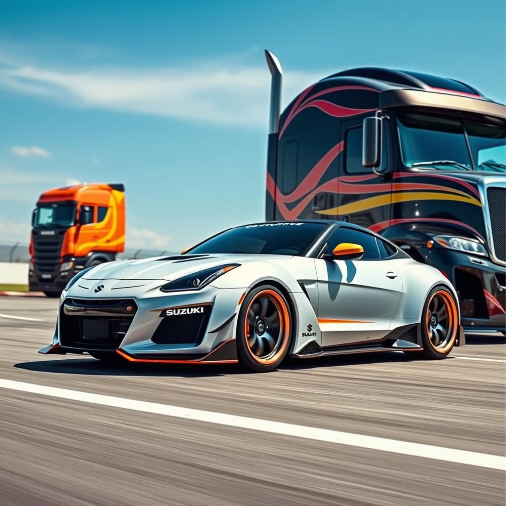 A dynamic image of a Suzuki sports car featuring striking racing rims, showcased against a custom cutting-edge semi-truck