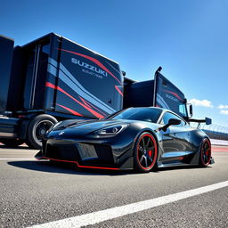 A dynamic image of a Suzuki sports car featuring striking racing rims, showcased against a custom cutting-edge semi-truck