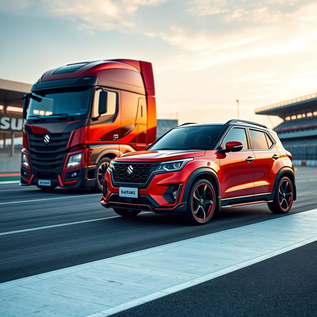 A captivating image of a Suzuki vehicle equipped with stylish rims, prominently showcased next to a custom cutting-edge semi-truck