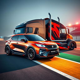 A captivating image of a Suzuki vehicle equipped with stylish rims, prominently showcased next to a custom cutting-edge semi-truck