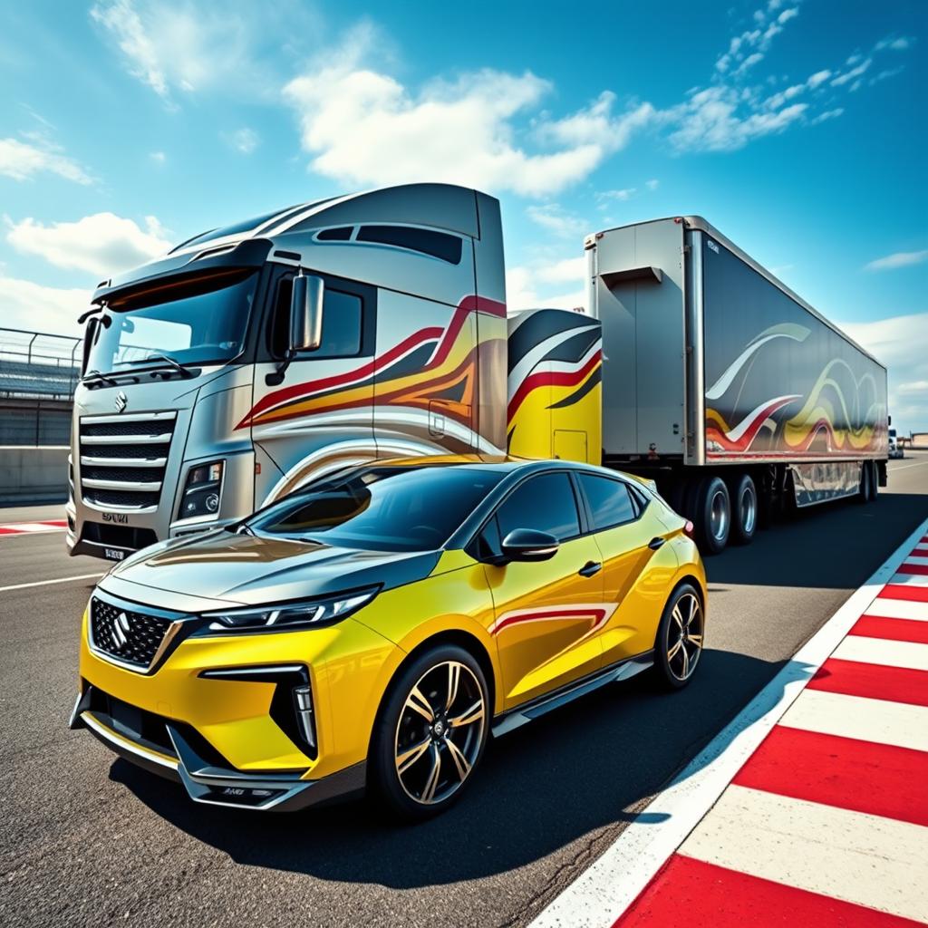 A captivating image of a Suzuki vehicle equipped with stylish rims, prominently showcased next to a custom cutting-edge semi-truck