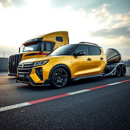A captivating image of a Suzuki vehicle equipped with stylish rims, prominently showcased next to a custom cutting-edge semi-truck